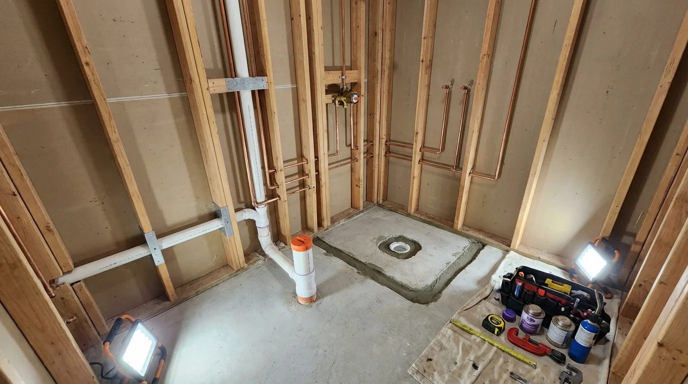 Bathroom rough-in plumbing during remodel by Johns Plumbing LLC in Dyer