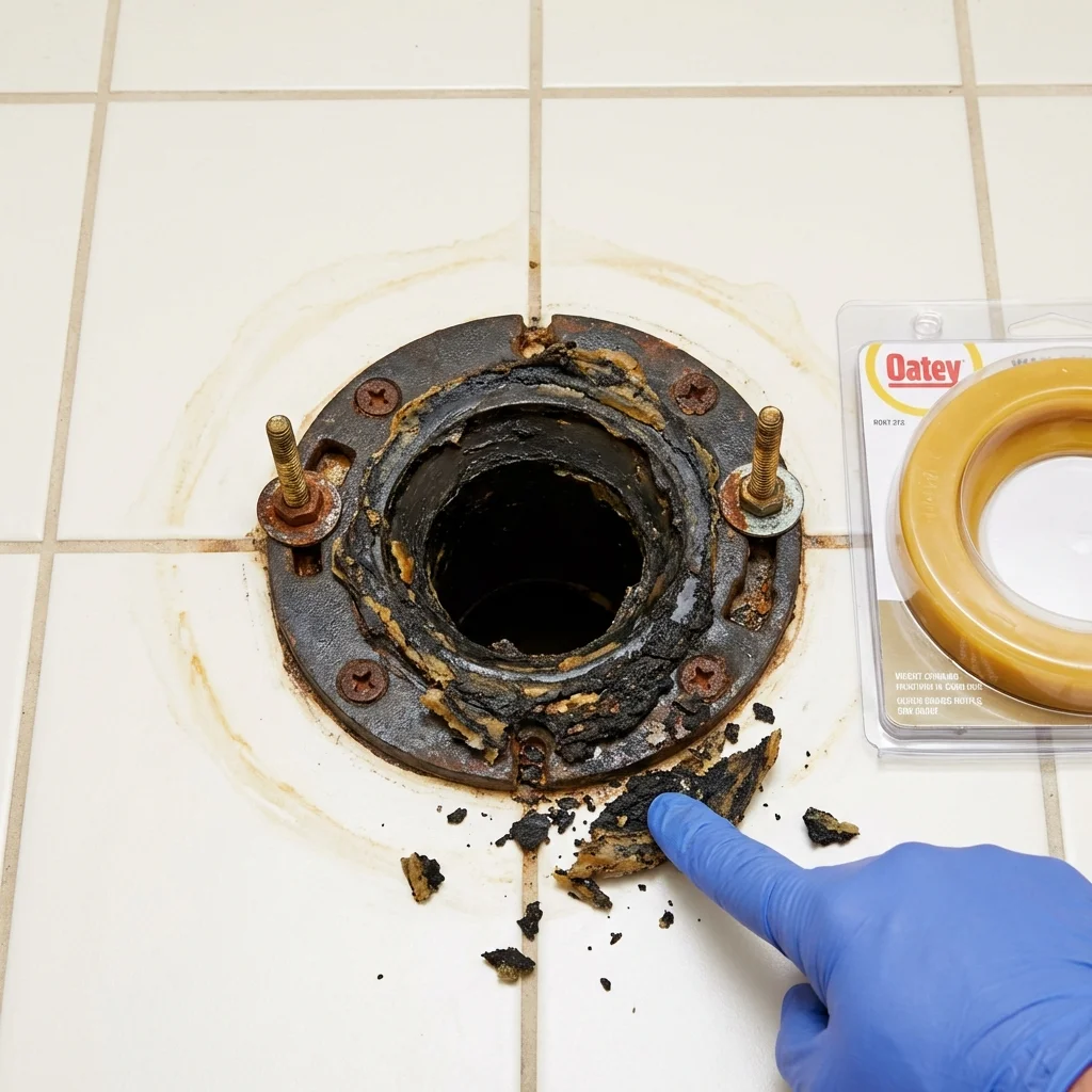 Failed wax ring showing water seepage at the base of a toilet in a Dyer, IN home