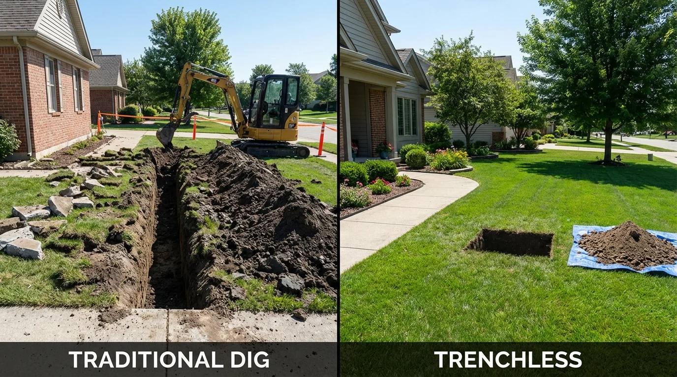 Trenchless sewer repair with minimal yard damage versus traditional excavation in Dyer, IN