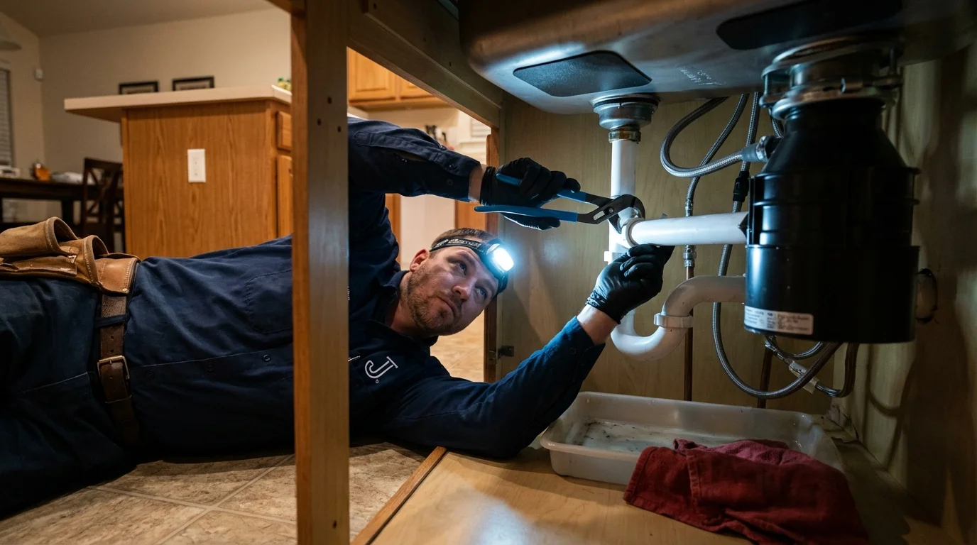 P-trap and supply line connections under a kitchen sink showing a common leak point in Dyer, IN